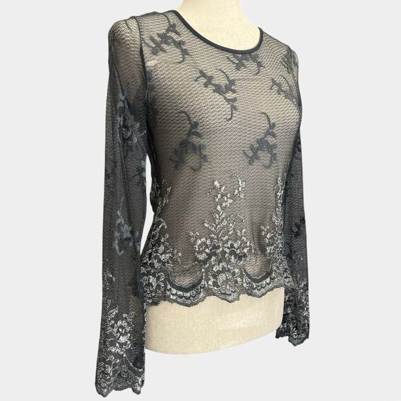 INC YK Floral Mesh Lace Top Size S SP Gray Fairy Grunge Whimsigoth Made in USA - Picture 1 of 16